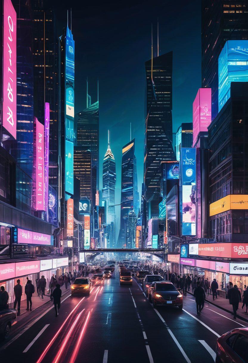 A futuristic cityscape showcasing advanced technology, with digital overlays of graphs and trends illustrating the GNXX Network. Diverse groups of people engaged in discussions about innovations and solutions, with neon lights representing connectivity. A bold, uplifting skyline filled with smart buildings and a dynamic atmosphere. vibrant colors. cyberpunk.