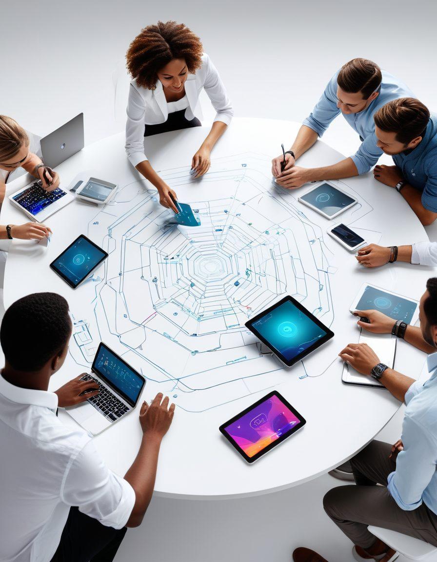 A dynamic workspace featuring innovative GNXX tools like futuristic gadgets, digital tablets, and brainstorming boards, surrounded by a diverse group of individuals deeply engaged in collaboration. The scene radiates energy and creativity with bright colors and modern design elements, showcasing the potential of technology and teamwork. super-realistic. vibrant colors. white background.
