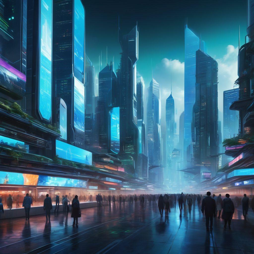 A futuristic city skyline representing the GNXX platform, with digital screens displaying innovations and resources. In the foreground, a diverse group of community members engaged in collaborative activities, with floating data visuals around them. The atmosphere is vibrant, reflecting a sense of progress and energy. The color palette includes bright blues, greens, and whites to evoke a tech-forward look. cyberpunk. super-realistic. vibrant colors.